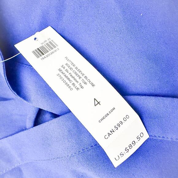 Chicos Flutter Sleeve Blouse Solid Crepe Top Seafaring Blue Size 4 NWT $90 - Picture 4 of 6